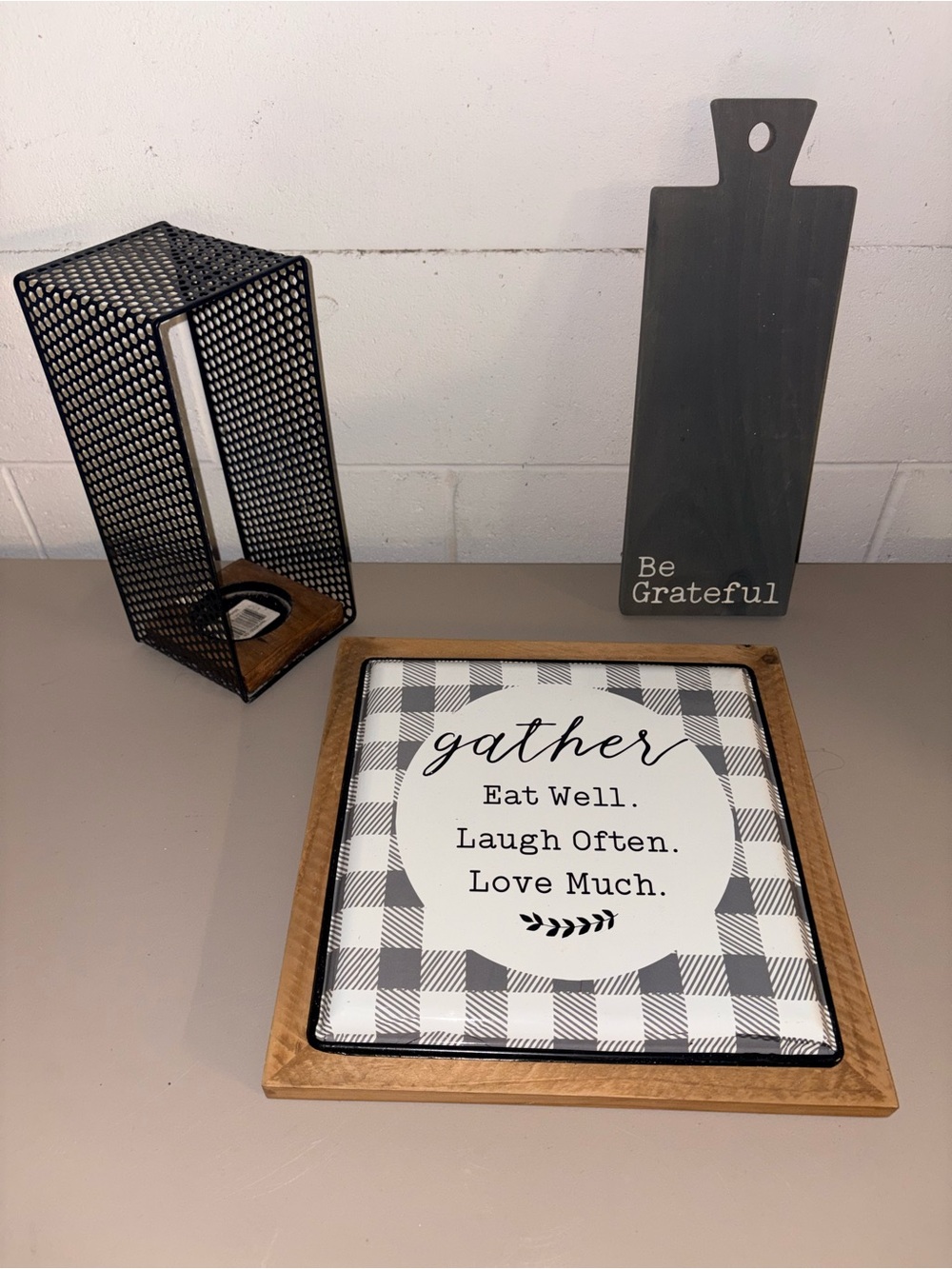Gather Buffalo Check Farmhouse sign- candle holder& decorative charcuterie board